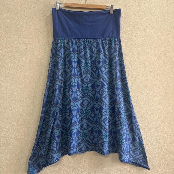 FRESH PRODUCE Blue Ikat Print Cotton Stretch Asymmetrical Maxi Skirt Sz L Boho - Picture 3 of 7